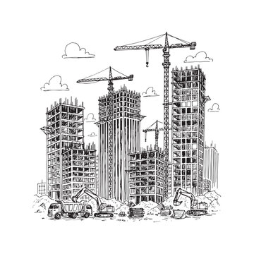 Hand drawn sketch of a city construction site with tower cranes, unfinished buildings, and heavy machinery. Vector illustration of urban development with excavators and trucks in black and white doodl