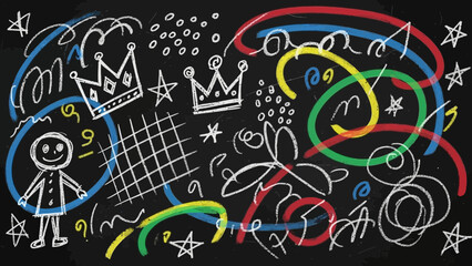 Obraz premium Creative children's drawing on blackboard with chalk, doodles and colorful lines