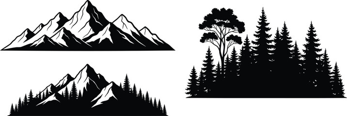 Black and white illustration of mountains trees and a forest landscape