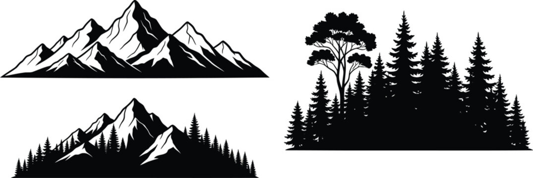 Black and white illustration of mountains trees and a forest landscape