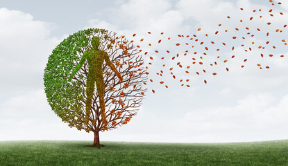 Human Aging Process and deteriorating health or reduced wellbeing as physical decline or weakening body condition due to chronic pain and disease represented by a tree in the fall.
