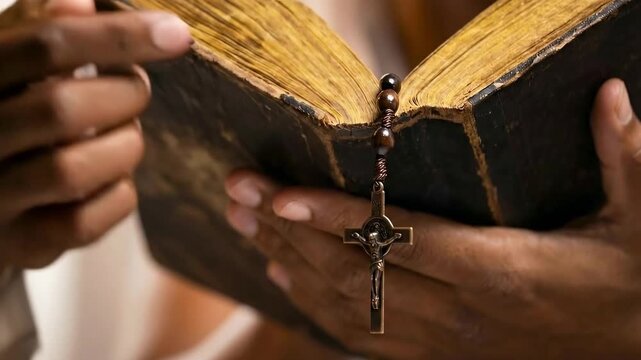 Close up of hands holding rosary beads over an old open bible during prayer