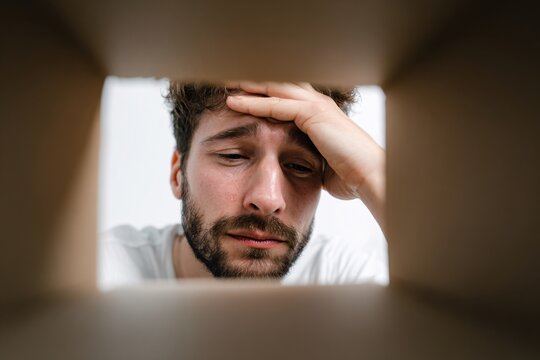 emotions, delivery and surprise concept - shocked man looking into open parcel box