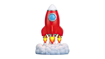 Red Rocket Launching with Smoke on White Background