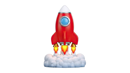 Red Rocket Launching with Smoke on White Background