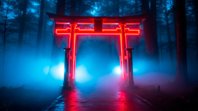 Bright red Japanese torii gate in a misty forest with neon lights