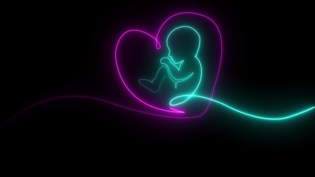 Neon baby embryo in womb icon representing pregnancy, fertility and prenatal development. Glowing neon style symbol suitable for medical design, women healthcare, maternity, gynecology, fertility