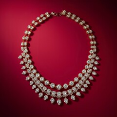 Obraz premium Exquisite Double-Row Diamond Fringe Necklace in Gold Setting on Red Background