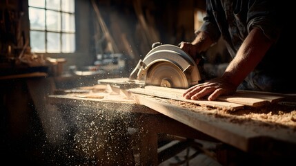 Carpenter Using Circular Saw to Cut Wood in Workshop.