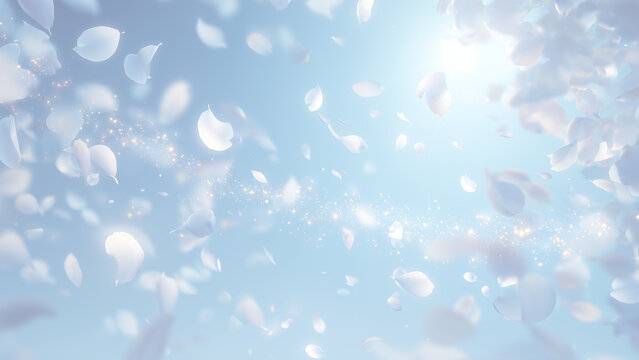 Blue sky background with blowing cherry blossom petals
