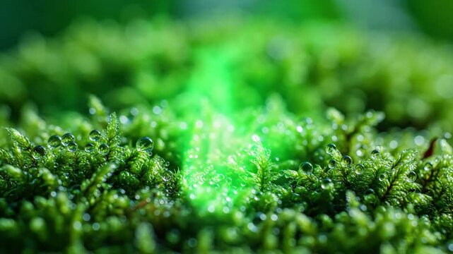 Fibrous optic glow illuminates dense forest foliage with Very slow pulsing glow on effect ad_ready green screen pulsating glow style