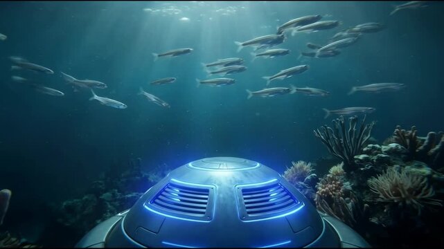 Underwater Exploration of a Futuristic Submarine Base Surrounded by Marine Life