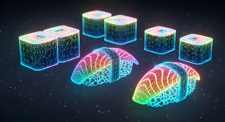 Vibrant Neon Sushi Rolls and Nigiri Glowing in Dark Setting.