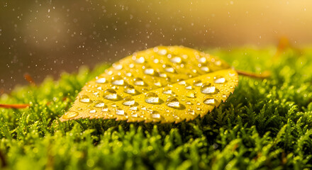 Close-up of a vibrant yellow autumn leaf covered in glistening raindrops, resting on a bed of lush green moss with a soft, warm glow in the background.