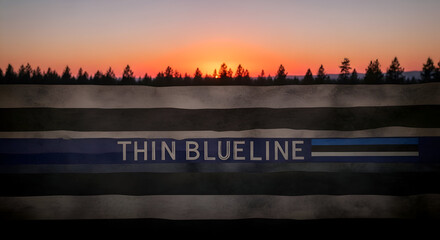 Thin Blue Line Flag with Sunset and Forest Silhouette.