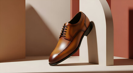 Elegant Brown Leather Oxford Shoe on Modern Geometric Display.