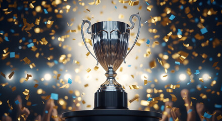 Shiny Silver Trophy with Confetti Falling and Bright Lights in a Celebratory Atmosphere.