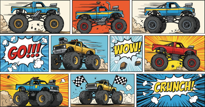 Action-packed comic strip featuring colorful monster trucks in races and stunts, perfect for automotive themes or exciting entertainment.