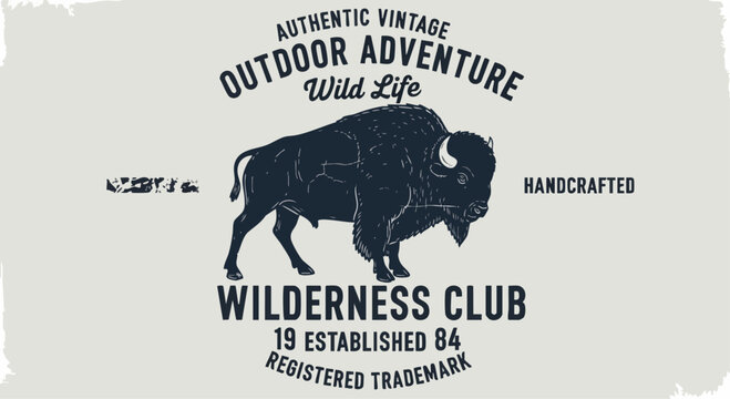 Authentic Vintage Outdoor Adventure Wilderness Club Bison T-Shirt Design.