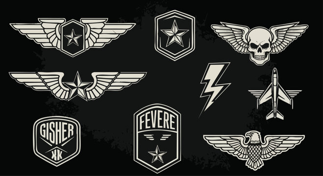 Aviation and Military Emblems: Wings, Skull, Eagle, and Jet Fighter Icon Set.