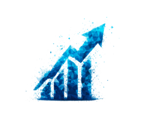 Dynamic geometric growth arrow and bar chart concept for business success on transparent background, PNG