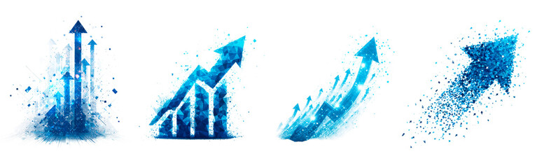 Set of blue digital arrows representing business growth and technological advancement on transparent background, PNG