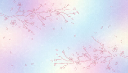 パステルカラーのグラデーションに桜の花びらが舞うイラスト