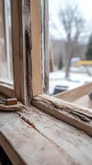 A window with a wooden frame and a wooden sill