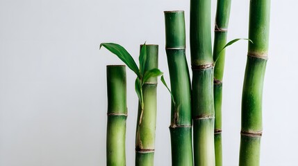 Obraz premium Close-up of vibrant green bamboo stalks with delicate leaves against a plain background.