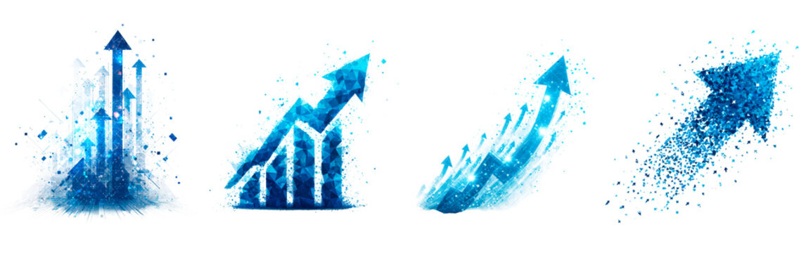 Set of blue digital arrows representing business growth and technological advancement on transparent background, PNG - Powered by Adobe