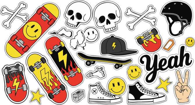 Cool Skateboarder Sticker Pack with Skulls, Smiley Faces, and "Yeah" text.