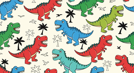 Obraz premium Cute Dinosaur Pattern Design - Kids Roaring T-Rex and Palm Trees Seamless Backdrop.