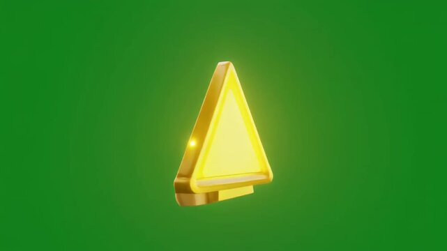 A glowing yellow equilateral triangle with a golden border, floating against a solid green background, rendered in 3D with subtle shadows and lighting to evoke a symbolic or digital design element.