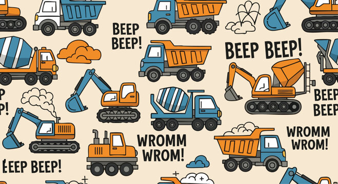Cute Construction Vehicles Seamless Pattern for Kids' Designs.