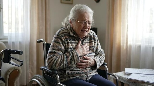 An elderly woman with gray hair and glasses is captured in a wheelchair, visibly distressed and clutching her chest. Her expression conveys acute discomfort and pain, suggesting a sudden health concer