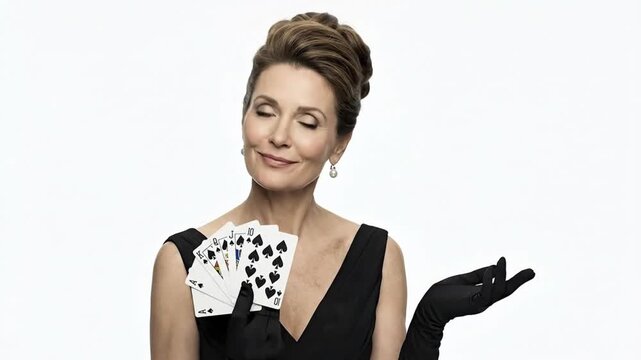 An elegant, mature woman with a confident and knowing smile proudly displays a winning hand of playing cards against a clean, bright white background. She is impeccably dressed in a sophisticated blac
