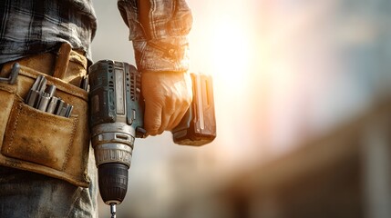 Construction Worker Holding a Power Drill with Tool Belt.