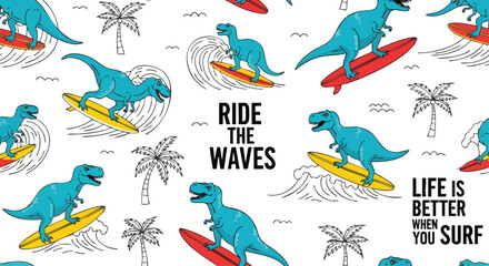 Fototapeta premium Funny Cartoon Dinosaurs Surfing and Riding Waves with Tropical Palm Trees, Summer Beach Lifestyle Fun.