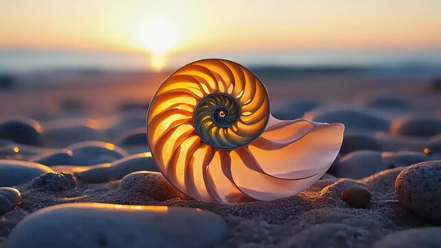 Enchanting Nautilus shell bathed in the warm glow of a magnificent sunset, nestled on a peaceful beach with the ocean horizon in the distance