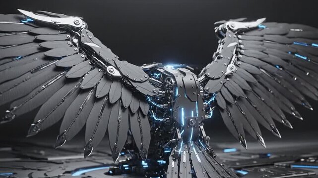 A robotic bird with metallic wings and intricate mechanisms. Detail shows gears and simulated energy