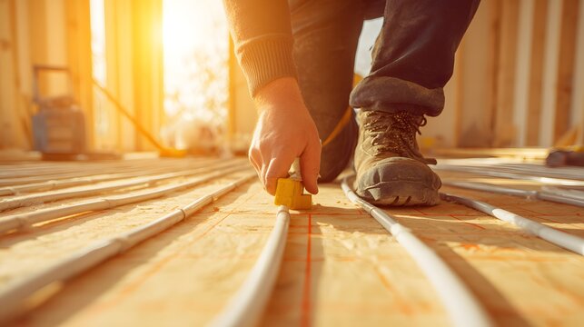 Construction worker installing underfloor heating pipes on wooden subfloor.