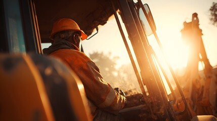 Construction worker operating heavy machinery at sunset.
