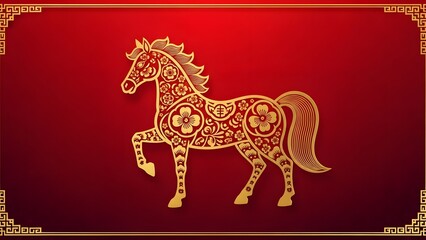 Golden papercut-style horse silhouette with intricate floral patterns, placed over rich deep-red gradient background, ornate gold border, premium Lunar New Year poster design