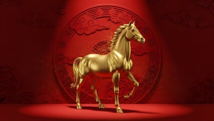 3D sculpted gold horse statue illuminated by soft spotlight, circular red backdrop with subtle traditional Chinese motifs, floating golden dust, luxury zodiac celebration poster.