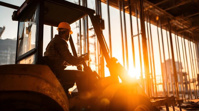 Construction worker operating heavy machinery at sunset on a building site. - Powered by Adobe