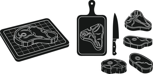 Black and white line art illustration of steak and cutting board