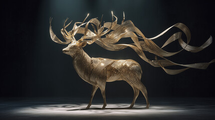 Majestic golden deer sculpture with flowing ribbons