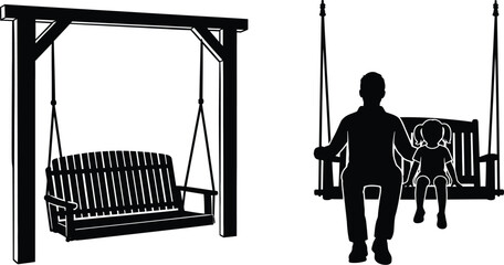 A black and white illustration of a porch swing with a couple seated