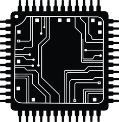 Detailed black and white illustration of a microchip with circuit pathways
