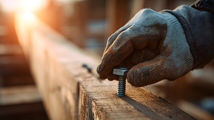 Construction workers gloved hand holding a bolt on a wooden beam.